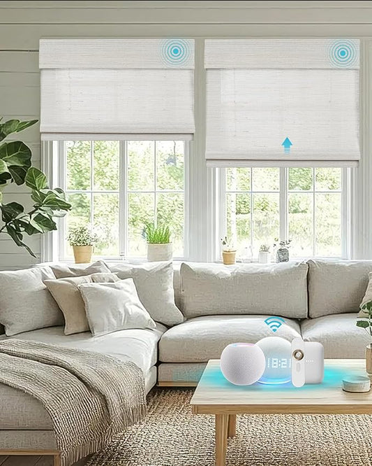 Motorized Bamboo Roman Blinds with Remote, Woven Roman Shades Compatible with Alexa Google Home, Automatic Bamboo Blind for Indoor Windows CustomSize(Saltbrush)