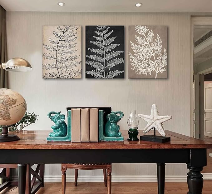 3Pcs Framed Botanical Canvas Wall Art Black Tan Fern Leaf Pictures Minimalist Paintings Nature Fern Plant Silhouette Posters Prints for Living Room Bedroom Office Farmhouse Wall Decor
