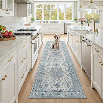 RELEANY Area Rugs 3'x9' Runner Rug Non Slip Washable for Kitchen Hallway Bedroom Beside Laundry Room Bathroom Rug, Floor Carpet, Light Blue Navy Beige Gray White
