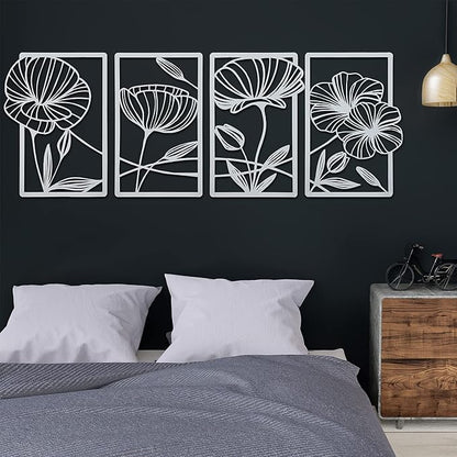 4 Pcs Metal Wall Art 16.5 x 11.8'' Line Art Wall Decor Floral Minimalist Decor Hanging Flower Aesthetic Modern for Living Room Bedroom Bathroom Kitchen Decoration(White)