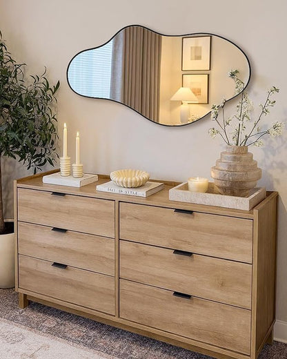 Irregular Asymmetrical Wall Mirror 20x35 Inches - Decorative Tempered Glass with Modern Aluminum Alloy Frame, Black Abstract Cloud Mirror for Bathroom, Bedroom, Living Room, Entryway, Cloakroom