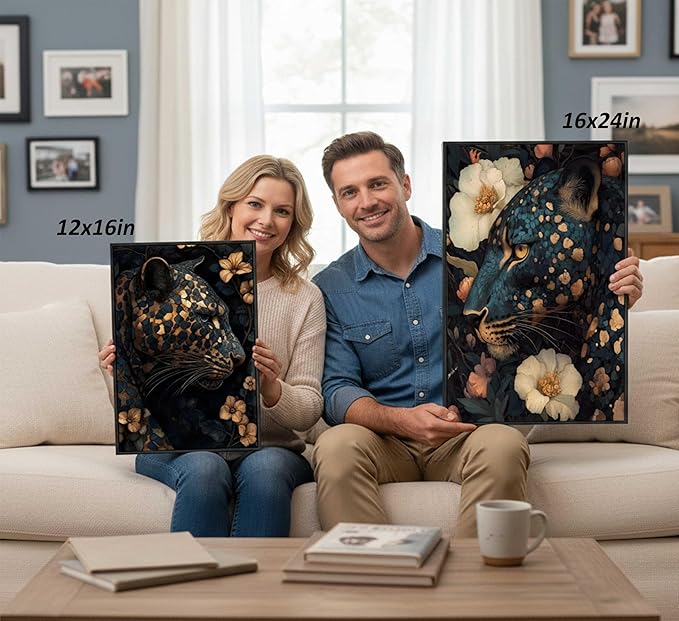 Framed Dark Cheetah Canvas Wall Art Moody Blue and Gold Leopard Wildlife Animal Flower Pictures Painting Wall Decor Poster Print Artwork for Living Room Bedroom Decoration