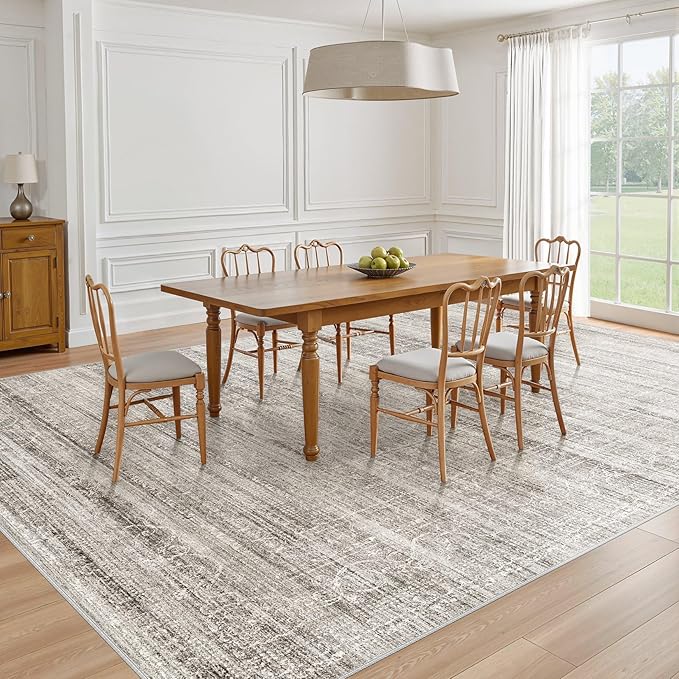 9x12 Area Rug Living Room: Washable Large Neutral Soft Rug Farmhouse Stain Resistant Indoor Non-Slip Floor Carpet for Bedroom Nursery Kids Playroom Office Dining Room Dorm- Gray Brown