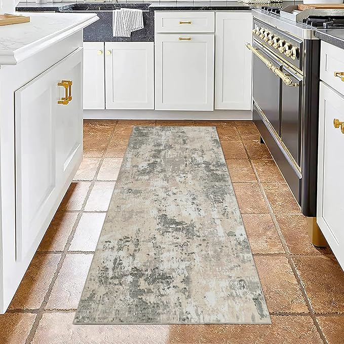 ROYHOME Modern Abstract 2x10 Runner Rug Washable Non Slip Stain Resistant Rug for Hallway Kitchen Bedroom Non Shedding Low Pile Indoor Floor Cover,Grey Yellow