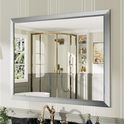 40x32 Inch Brushed Silver Bathroom Mirror for Wall, Thick Metal Framed Rectangle Mirrors for Over Sink, Bedroom, Living Room, Entryway, Anti-Rust, HD Tempered Glass