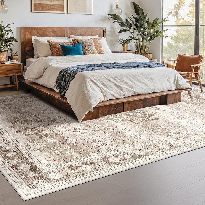Washable Farmhouse Living Room Rug, 10x14 Area Rugs for Bedroom, Dining Room Under Table Carpet, Kids Room, Extra Large Boho Vintage Non-Slip Rugs Low Pile Stain Resistant (10x14 Beige/Latte)