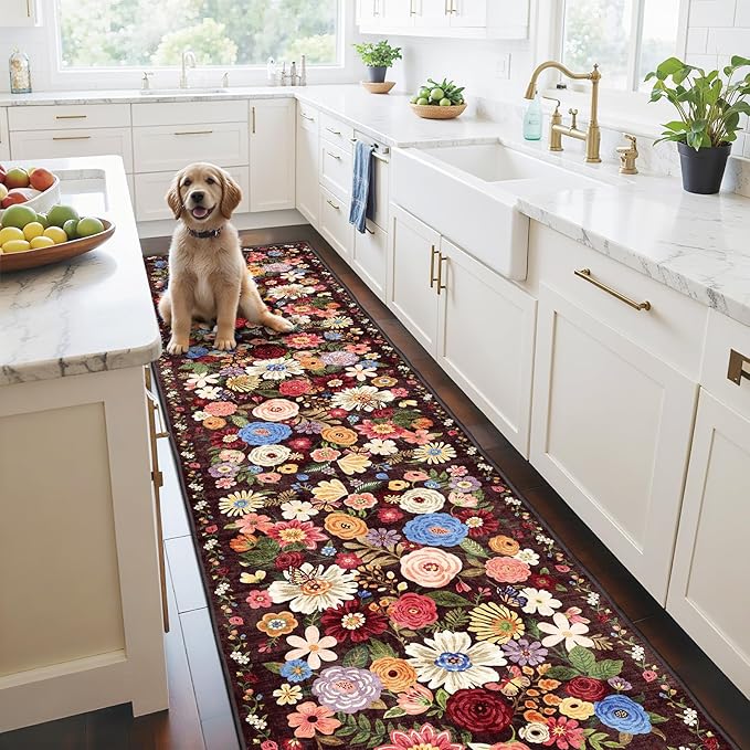 Floral Hallway Runner Rug Black/Brown Carpet Non-Slip, 2x10 Washable Ultra-Thin Soft for Hallways, Kitchen Mat Stain Resistant for Entryway Bathroom