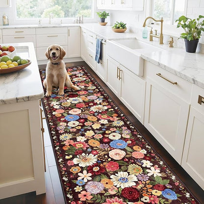 Floral Hallway Runner Rug Black/Brown Carpet Non-Slip, 2x10 Washable Ultra-Thin Soft for Hallways, Kitchen Mat Stain Resistant for Entryway Bathroom
