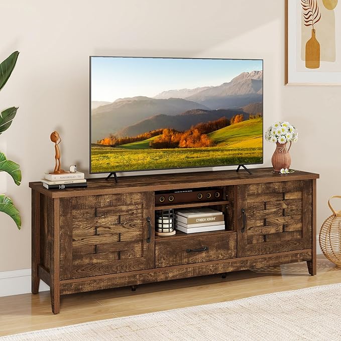 Giantex Farmhouse TV Stand for 65 Inch TVs, 59" Wood Entertainment Center with 2 Woven Accent Doors, Storage Drawer & 3 Adjustable Shelves, Media Console Table for Living Room, Bedroom (Rustic Brown)