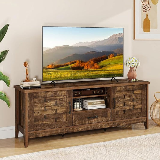 Giantex Farmhouse TV Stand for 65 Inch TVs, 59" Wood Entertainment Center with 2 Woven Accent Doors, Storage Drawer & 3 Adjustable Shelves, Media Console Table for Living Room, Bedroom (Rustic Brown)