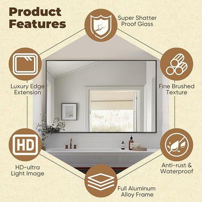 Antok Bathroom Mirror, 55"x36" Wall Mirror, Decorative Mirrors Vanity Mirror Aluminum Alloy Frame Contemporary Rectangular Hanging Mirror for Living Room Bathroom Entryway,Black,Rect Corner