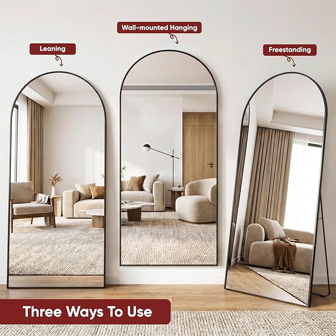 Antok Full Length Floor Mirror Arched Standing Mirror with Aluminum Frame - Freestanding Wall Mount Leaning Body Mirror for Bedroom Living Room Entryway, 76" L x 34" W, Black