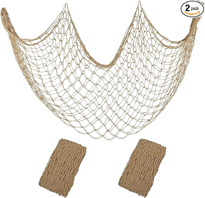 Decorative Fishing Net 2 Pack, 80x40 Inch Large Caramel Fish Net Decor for Wall, Photo Display, Nautical Mermaid Pirate Ocean Themed Beach Hawaii Under the Sea Party Decorations