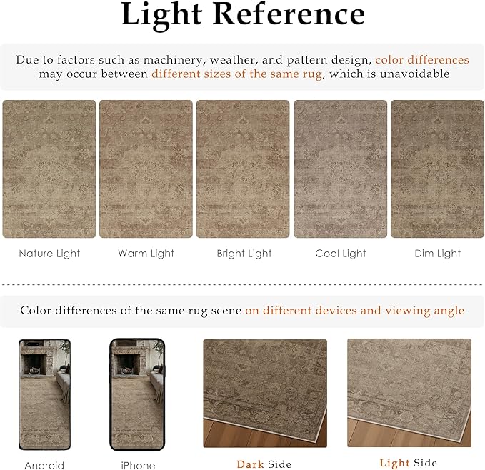 PureCozy Brown Area Rug 8x10 Washable Vintage Living Room Bedroom Carpet Non Slip Soft Low Pile Distressed Medallion Indoor Floor Retro Throw Large Rug for Dining Room Office