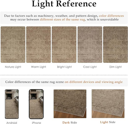 PureCozy Brown Area Rug 5x7 Washable Vintage Living Room Office Carpet Non Slip Soft Low Pile Distressed Medallion Indoor Floor Retro Throw Rug for Kitchen Bedroom Dining Room