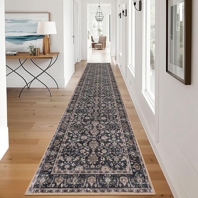 KUTA Vintage Long Runners for Hallways, 2.6x12 Brown Washable Non-Slip Kitchen Rugs Ultra Thin Soft Printed Distressed Oriental Floral Floor Carpet for Laundry Bedroom Living Room Nursery