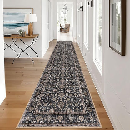KUTA Vintage Long Runners for Hallways, 2.6x12 Brown Washable Non-Slip Kitchen Rugs Ultra Thin Soft Printed Distressed Oriental Floral Floor Carpet for Laundry Bedroom Living Room Nursery
