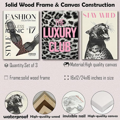 Yxjyzzkx Leopard Wall Art Set of 3, Black and White Cheetah Canvas Prints with Pink Quotes, Fashion Animal Wall Decor, Eclectic Modern Aesthetic Posters for Living Room Bedroom, 12x16 Inch