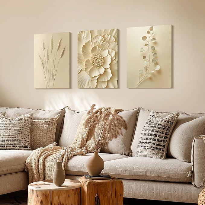 GELDSTEI Neutral Beige Floral Canvas Wall Art, Modern Minimalist Botanical Wall Decor, Vintage Beige Elegant Flower Poster Prints for Living Room Bedroom Framed Set of 3, Each 16x24 Inch