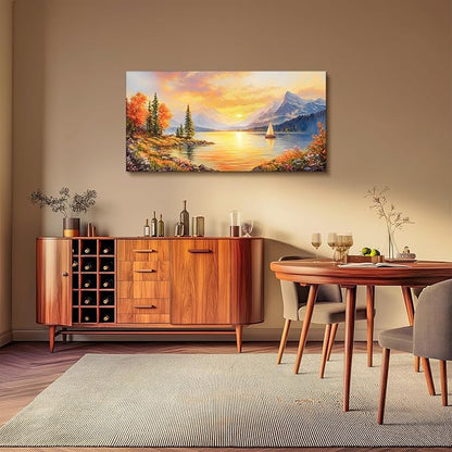 SERIMINO Sunset Landscape Large Wall Art, Mountain Lake Scenic Canvas Prints, Country Nature Scenery Artwork for Walls, Aesthetic Paintings Wall Decor Living Room Bedroom, Rustic Home Decor 24"X48"