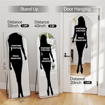 SCWF-GZ 57x20 Door Hanging Full Length Mirror, Floor (Height 5.7ft just Body in1.3ft) Wall Mounted Metal Frame Arch Dressing Mirrors for Bedroom Bathroom Living Room 57 inch Silver
