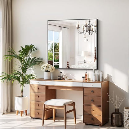 COFENY Black Bathroom Mirror for Wall, 39x39 Inch Rectangle Mirror with Metal Frame, Square Modern Vanity Mirrors for Bathroom Living Room, Entryway Hangs Horizontal or Vertical