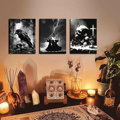 Framed Dark Gothic Canvas Wall Art Set of 3, Creepy Witchy Halloween Wall Decor Paintings, Crow and Skull Goth Aesthetic Posters Prints for Living Room Bedroom Bathroom Home Decor 12x16In