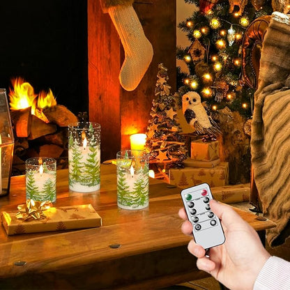 Wondise Christmas Tree Glass Flameless Candles, Battery Operated Flickering Candles with Remote and Timer, Real Wax LED Pillar Christmas Candles for Christmas Holiday Decor D3 x 4",5",6"