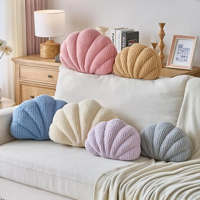 Shell Pillow, Soft Decorative Pillows for Bed Couch, Seashell Plush Throw Pillow Aesthetic Home Decor Cushion for Bedroom Living Room (Grey, 18 X 13 Inches)