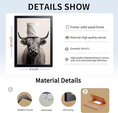 ARKZSHO Black and White Bathroom Wall Art, Funny Highland Cow Canvas Poster Print Picture, Modern Farmhouse Wall Decor Painting, Cute Animal Bathroom Restroom Home Decoration 8x10 Inch Wood Framed