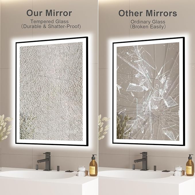 24x32 inches Rectangular Aluminum Black Framed LED Mirror, Smart Bathroom Mirror with Lights, Anti-Fog, Tempered Glass, 3 Colors Dimmable, Front and Backlit, Wall Mounted, Memory