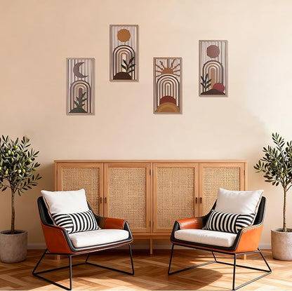 Boho Wall Art Set of 4, Terracotta Wall Decor & Burnt Orange Bedroom Decor, Orange Modern Wall Art with Arch/Botanical Design - Mid-Century 3D Wooden Abstract Geometric Artwork for Home Living Room Office(C)
