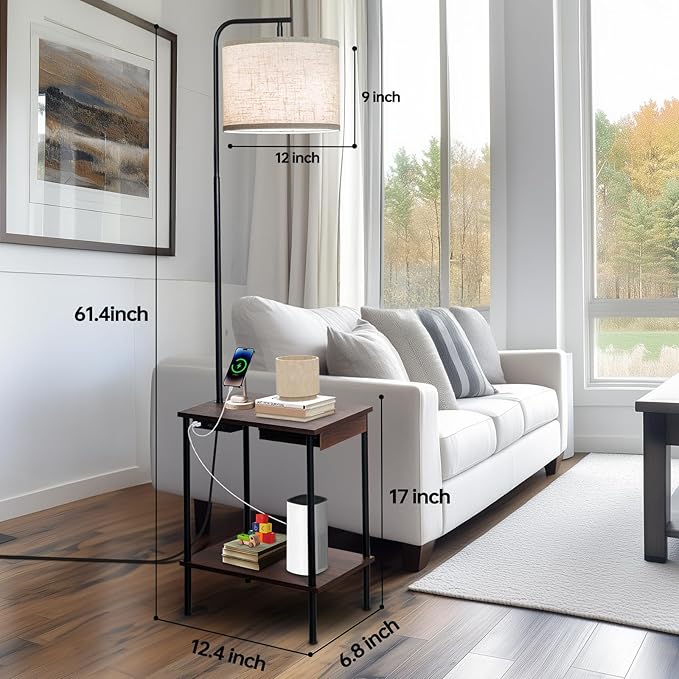 EOEYYOYB Floor Lamp with Table & Drawers, End Table Lamp with USB Charging Portt Power Outlet and Shelves, Side Table Reading Light with 3 Color Temperature Led Bulb Included for Living Room, Walnut