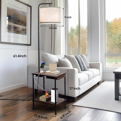 EOEYYOYB Floor Lamp with Table & Drawers, End Table Lamp with USB Charging Portt Power Outlet and Shelves, Side Table Reading Light with 3 Color Temperature Led Bulb Included for Living Room, Walnut