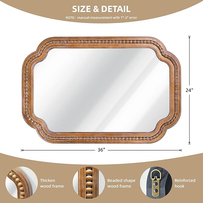 24x36 Inch Farmhouse Beaded Wall Mirror, Wood Scalloped Decorative Mirror, French Vintage Accent Mirror for Bathroom, Entryway & Glam Boho Decor