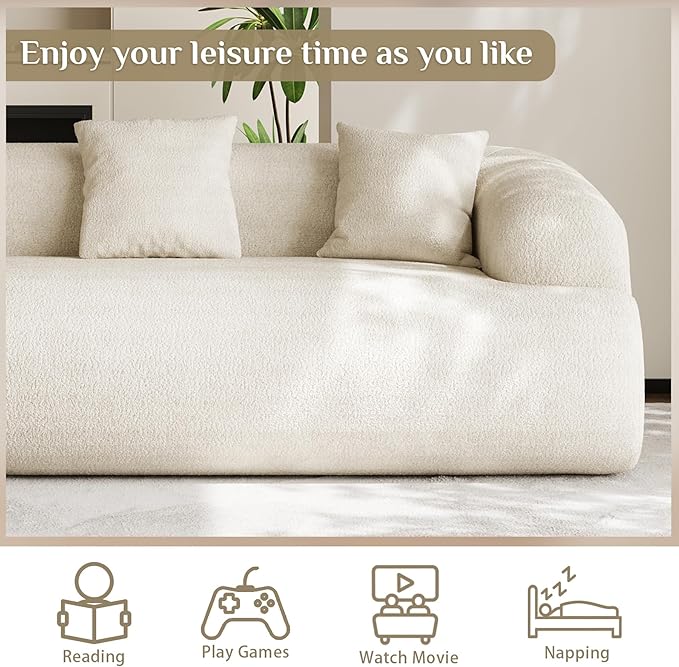91" Boneless Couch,Cloud Couch,Chenille Curved Sofa with 3 Seater and 3 Pillows, Modern Compression Sofa for Living Room, Bedroom and Apartment, No Assembly Required, Beige White