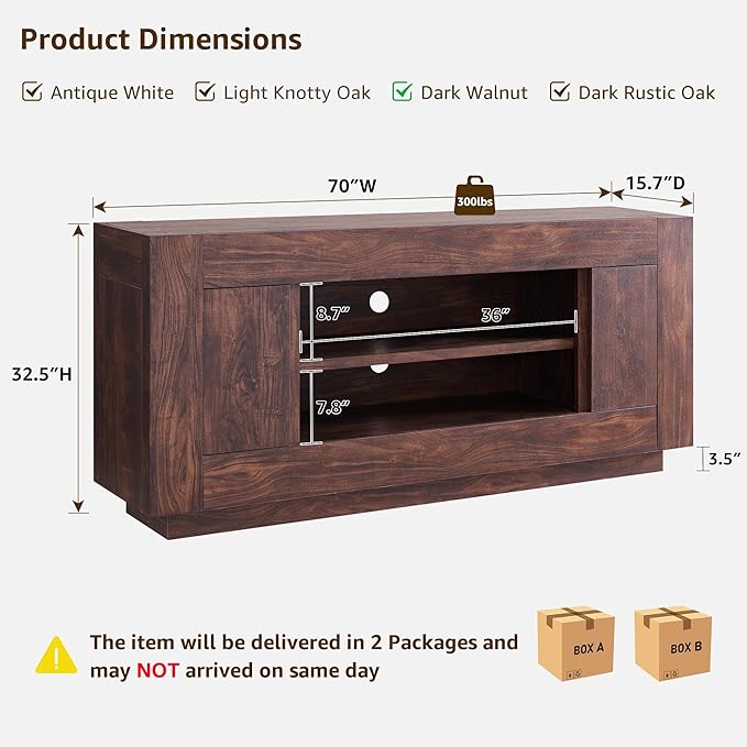 OKD Modern 70" TV Stand, Entertainment Center for TVs Up to 80", Media Console with Large Open Storage & Side Cabinets, Thick Wood Design for Living Room, Dark Walnut
