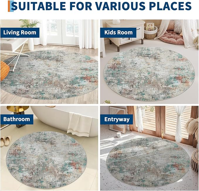 ROYHOME Modern Abstract 4x4 Round Area Rug Non Slip Non Shedding Rug Low Pile Stain Resistant for Bedroom Living Room Office Dining Room,Colorful