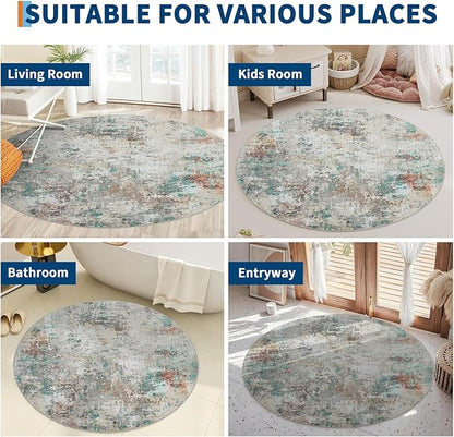 ROYHOME Modern Abstract 4x4 Round Area Rug Non Slip Non Shedding Rug Low Pile Stain Resistant for Bedroom Living Room Office Dining Room,Colorful