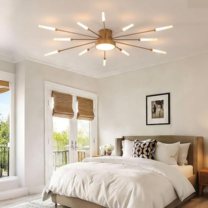 Modern Ceiling Light LED Flush Mount Ceiling Light for Living Room,Kitchen,Bedroom Fireworks Design Dimmable with Remote Control & Memory Function Lighting Fixture (Gold,12 Light)