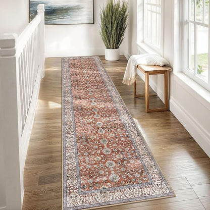 KUTA Vintage Washable Runner Rug, 2x8 Red Clay Runners for Hallways Non-Slip Kitchen Rugs Ultra Thin Soft Printed Distressed Oriental Floral Floor Carpet for Laundry Bedroom Living Room Nursery