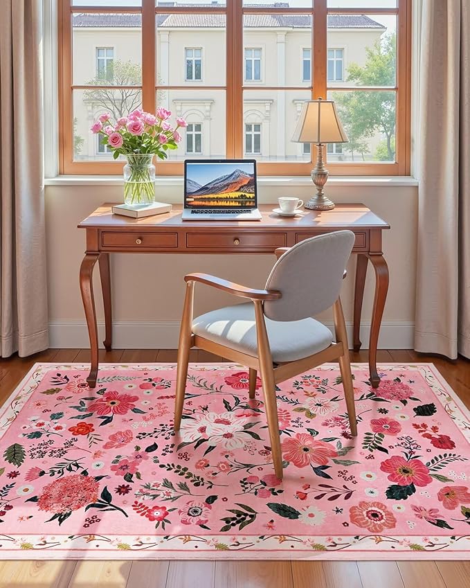 Macgace Pink Floral Rug for Girls Bedroom, 4x6 Machine Washable Area Rugs with Non Slip Backingfor Living Room, Cute Flowers Carpet Kitchen Dining Room Kids Playroom Decor