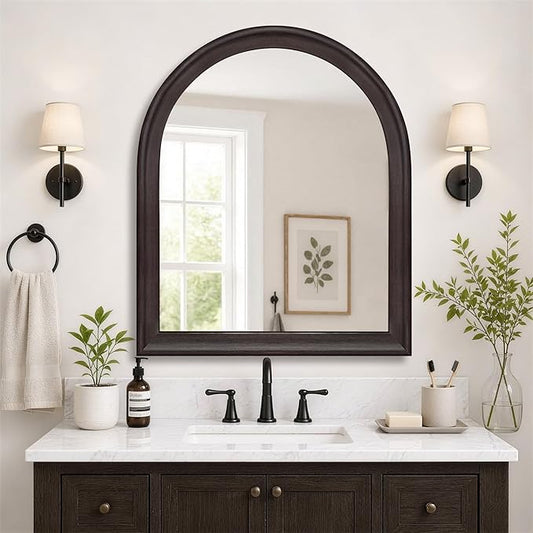 Tanmicoshomy Dark Brown Framed Arched Bathroom Mirror 30x36 Inch, Wall Mirrors with Tempered Glass for Living Room, Bedroom or Entryway