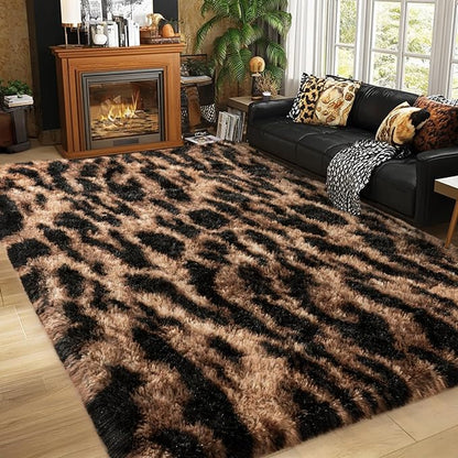 qulint Leopard Rug for Living Room, 5x7 Fluffy Carpet for Bedroom Soft Shaggy Cheetah Rug for Kids Room, Modern Animal Carpet for Dorm Room Nursery Home Decor Aesthetic (5ft x 7ft, Leopard)