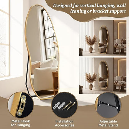 Dorlicecass Mirror Full Length - Irregular Full Body Mirror Standing or Leaning or Wall Hanging 63"x 24" Asymmetrical Aviation Aluminum Alloy Frame Unique for Bedroom, Living Room, Cloakroom, Entryway