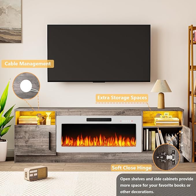 TAVATA 70" Fireplace TV Stand, Modern LED Light Entertainment Center with Storage and 36" Fireplace, Media TV Console for TVs Up to 80", Fire Place TV Stands for Living Room, Grey+White