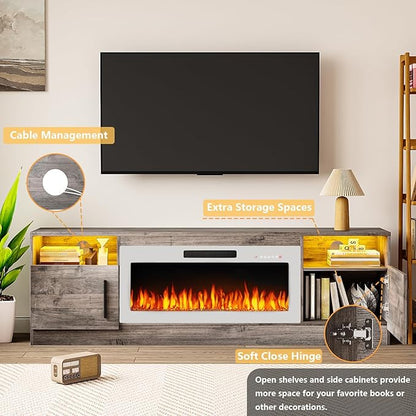 TAVATA 70" Fireplace TV Stand, Modern LED Light Entertainment Center with Storage and 36" Fireplace, Media TV Console for TVs Up to 80", Fire Place TV Stands for Living Room, Grey+White