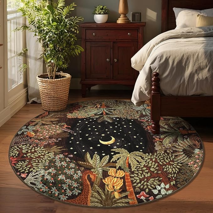 GarveeHome Round Area Rugs 5ft for Bedroom, Brown Jungle Washable Circle Rug Soft Non Slip Forest Animal Print Floor Mat Tiger Carpet Indoor Thin Rug for Kids Room Dining Room Playroom Nursery