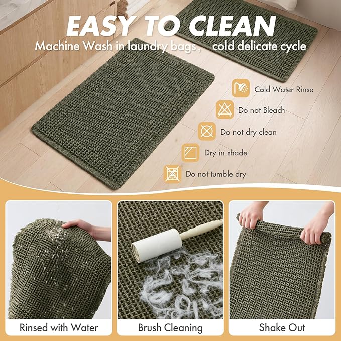 MIULEE Set of 2 Waffle Bathroom Rugs, Boho Bath Rug Super Absorbent, Non Slip Washable Ultra Soft Rubber Backed Shower Bath Mats for Floor, Tub, Shower, Bordered Design, Green, 18x30 Inch