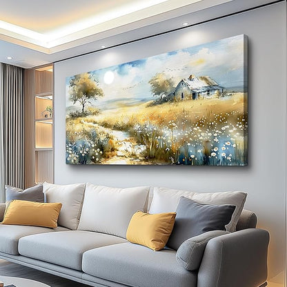 KELIYUAN Wildflower Field Landscape Painting Modern Canvas Print Wall Art Rural Field Mural Artwork Living Room Dining Room Wall Decoation For Bedroom Office Farmhouse Home Decoration 24x48 Inches